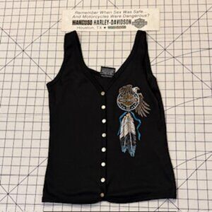 RARE 1991  HARLEY DAVIDSON TRIBAL DESIGN WOMEN TANK TOP SZ SM AND BUMPER STICKER